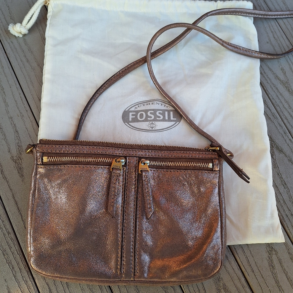 FOSSIL Genuine Leather Women's Top Zip Rose Gold Metallic ERIN bag w/duster Bag
